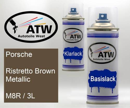 Porsche, Ristretto Brown Metallic, M8R / 3L: 400ml Sprühdose + 400ml Klarlack - Set, von ATW Autoteile West.